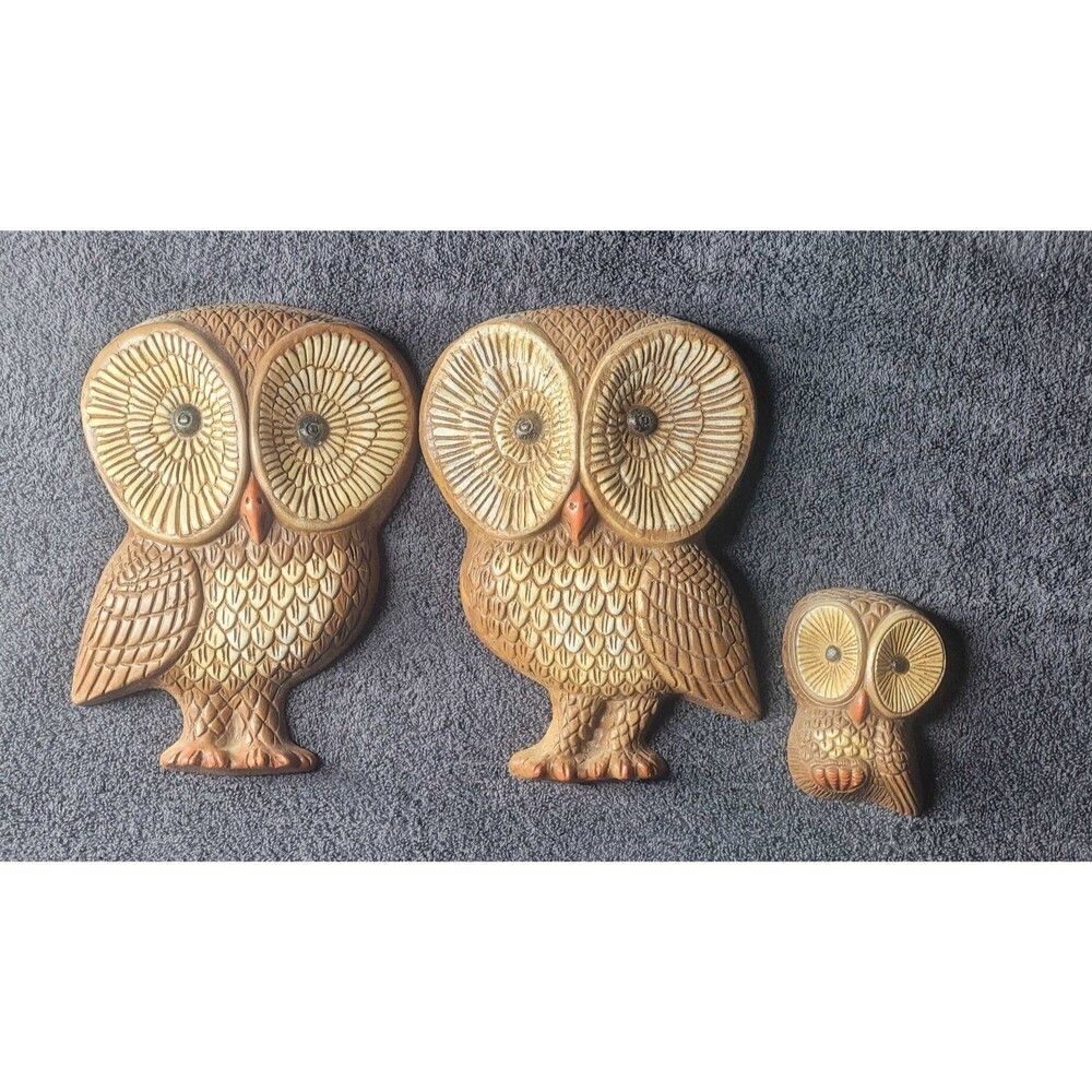 Vintage 3-Piece Big Eye Brown Owl Family Wall Plaques Foam Resin Art
